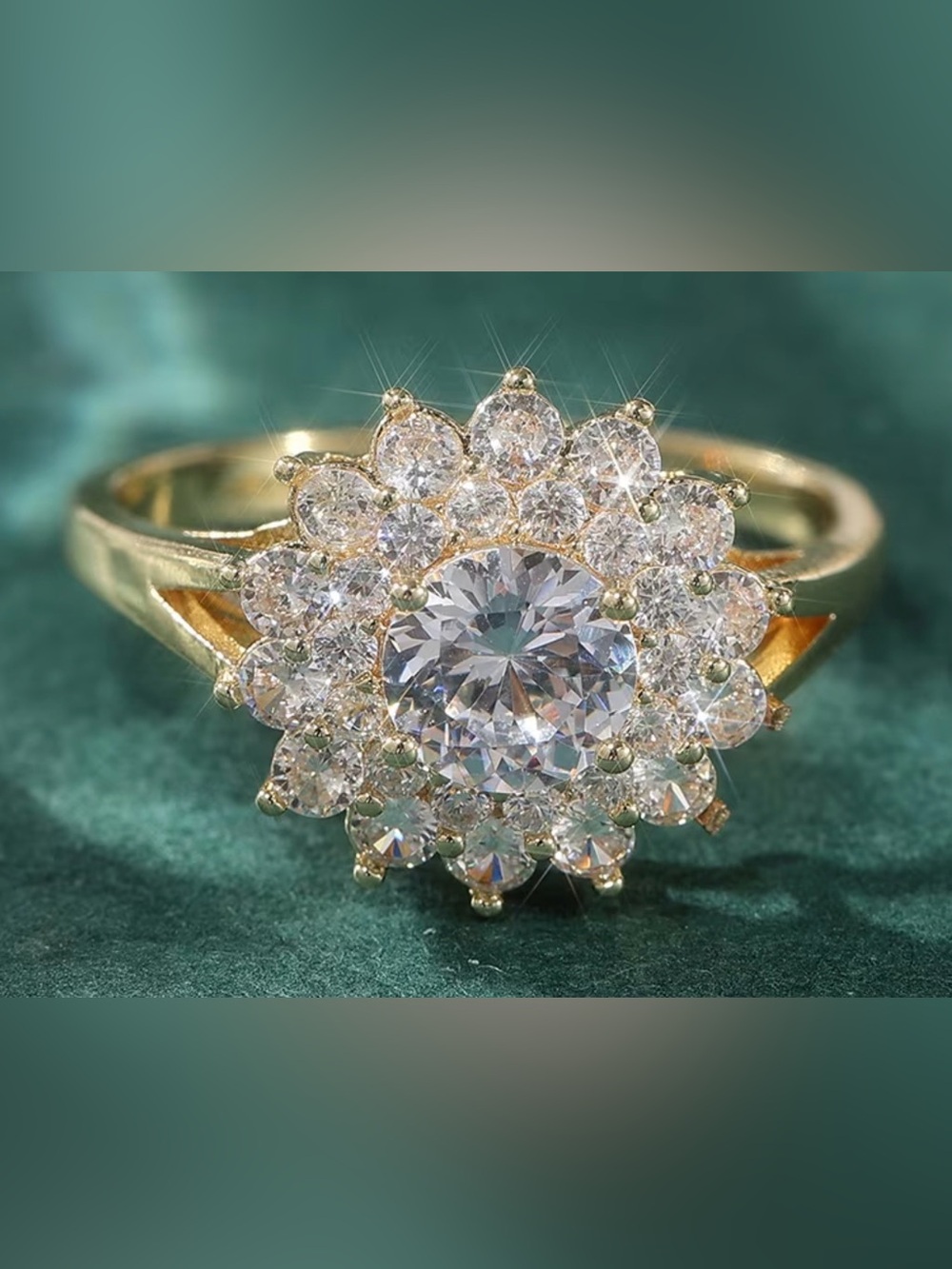 Gold Floral Halo CZ Ring - Women Jewelry